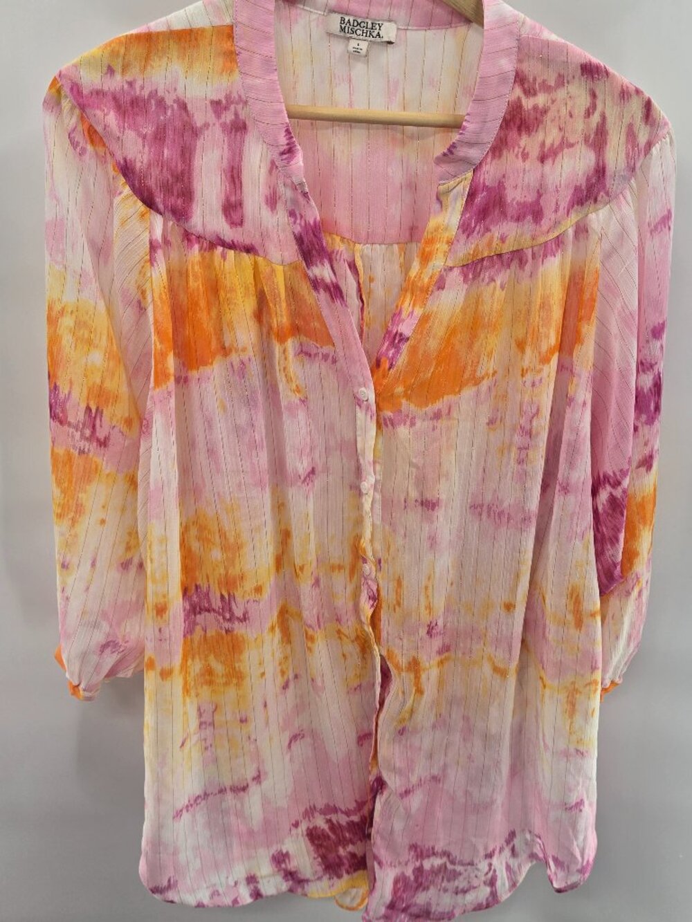 Badgley Mischka Button Down Tie Dye Metallic Cocoon Printed Tunic Top Size Large